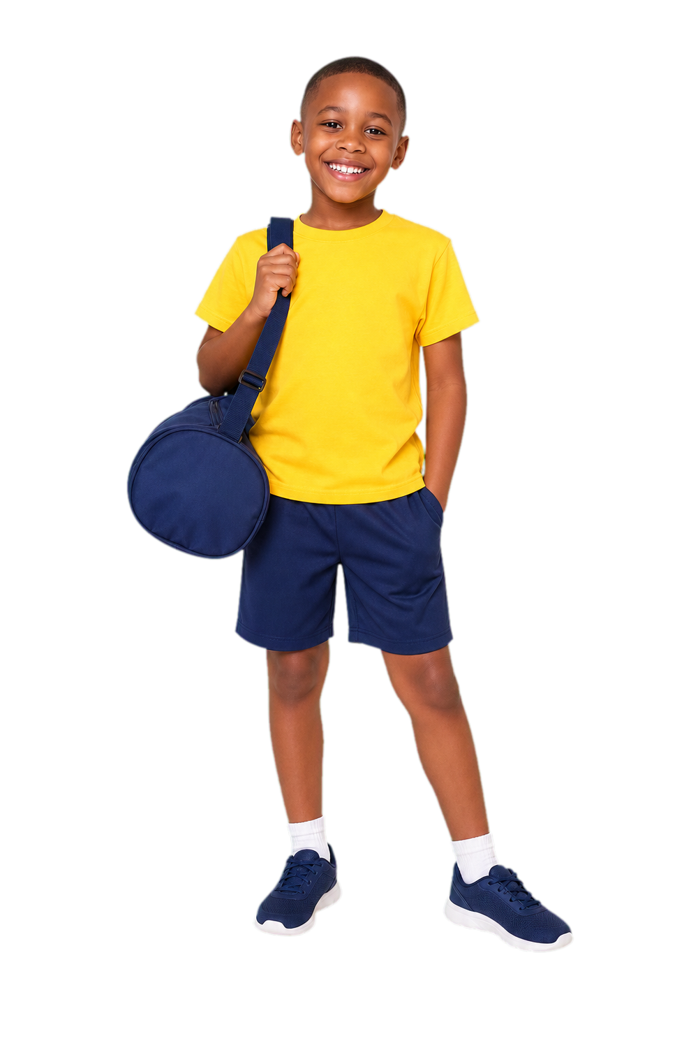 South African boy in a sunny yellow T-shirt carrying a small sports bag