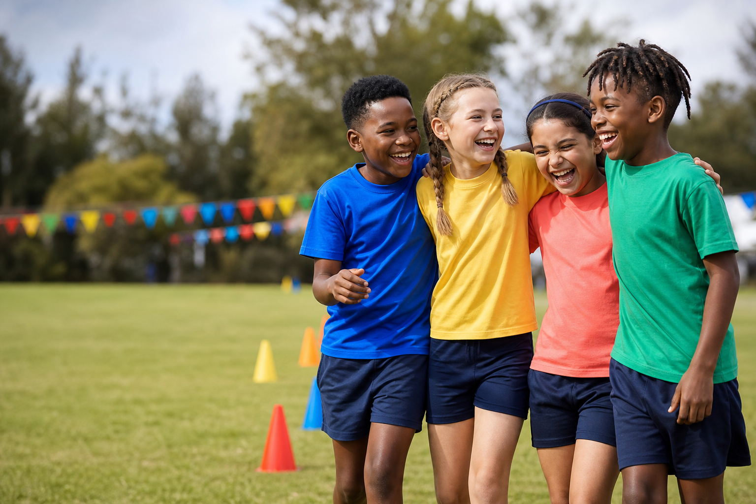 Four South African children in blue, yellow, coral and green T-shirts at a school sports day
