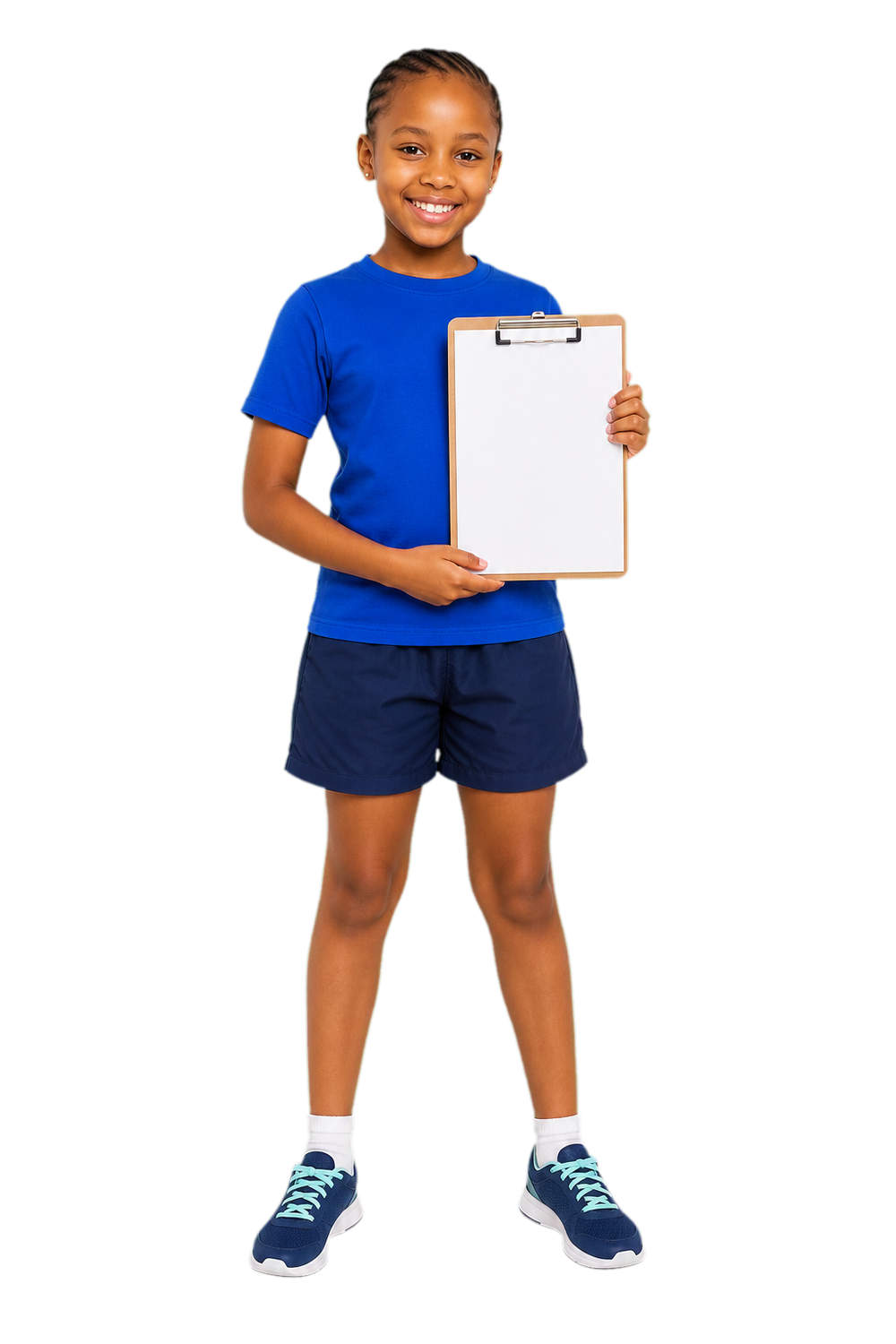 Smiling South African girl in a royal-blue T-shirt holding a school clipboard