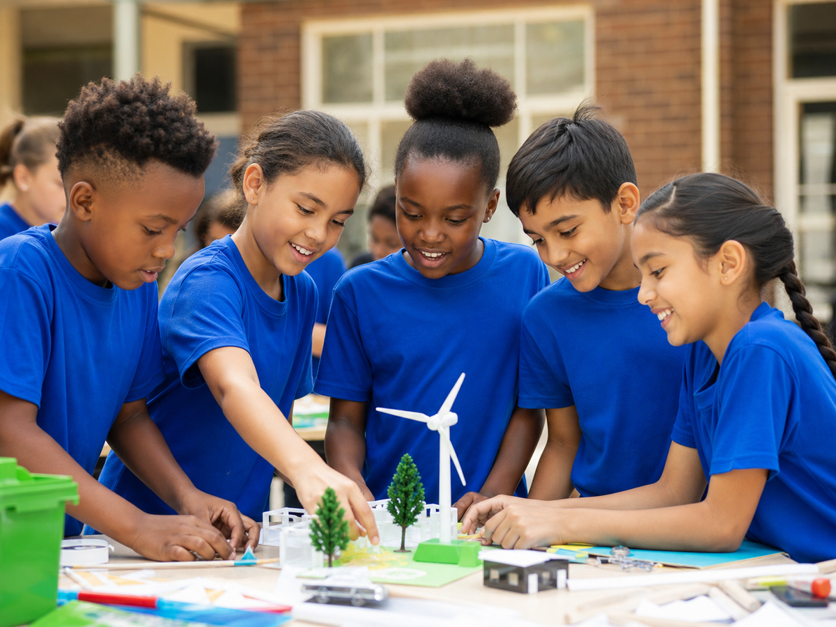 South African primary-school learners in blue event T-shirts
