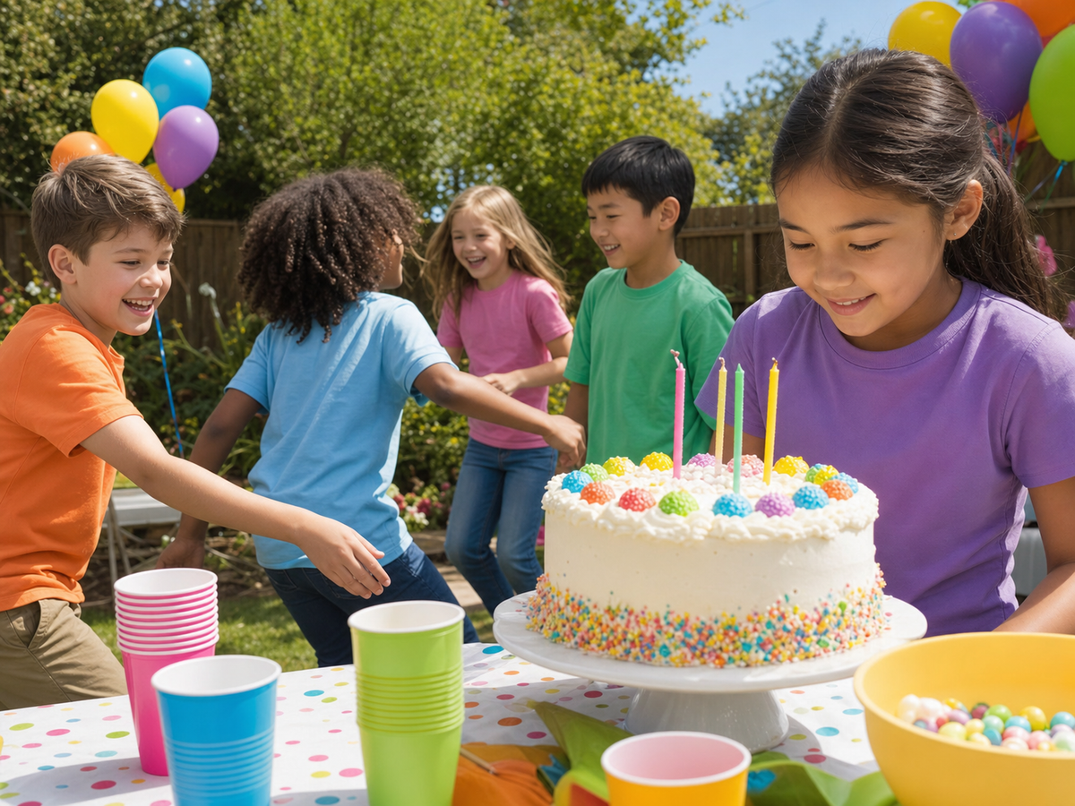 Children at a garden birthday party wearing colourful T-shirts