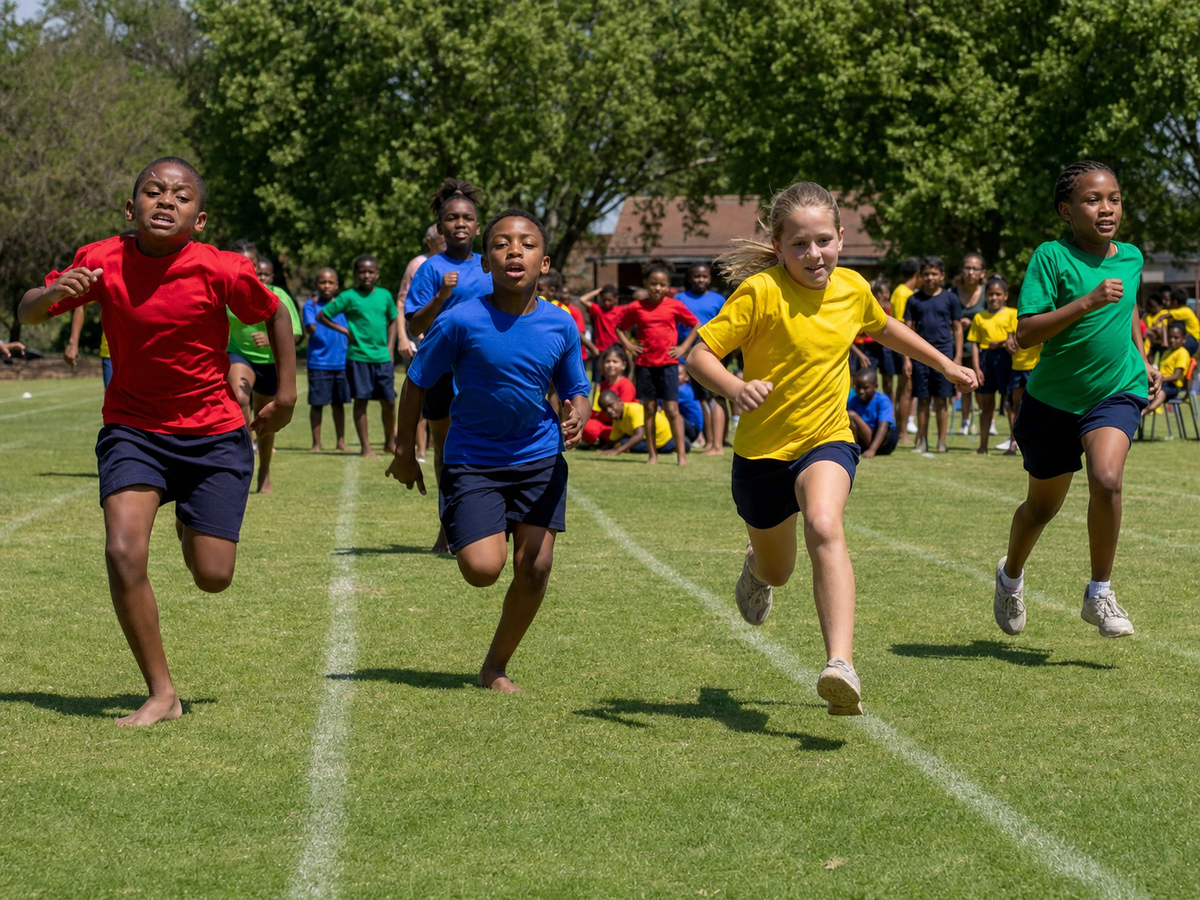Children running at a school sports day in bright team T-shirts