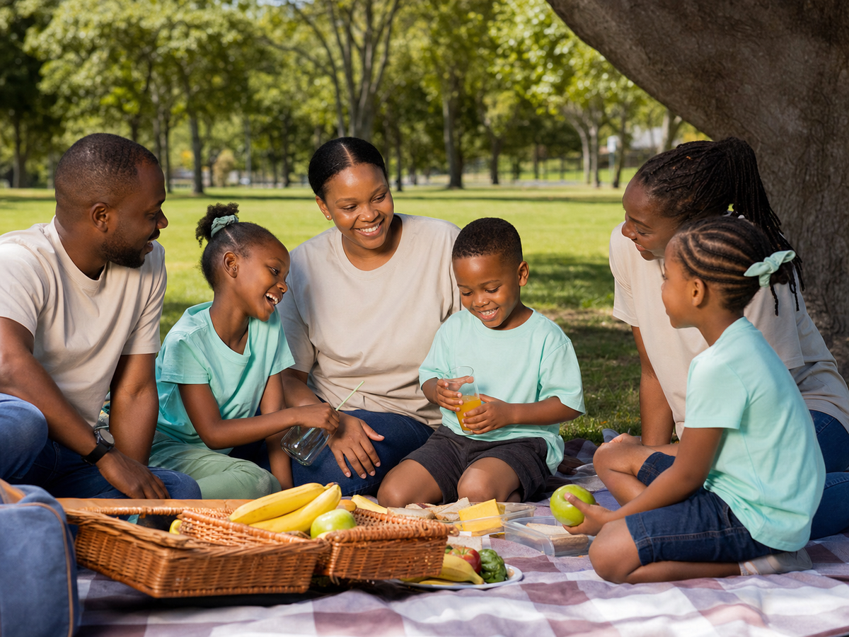 South African family picnic with children in matching event T-shirts